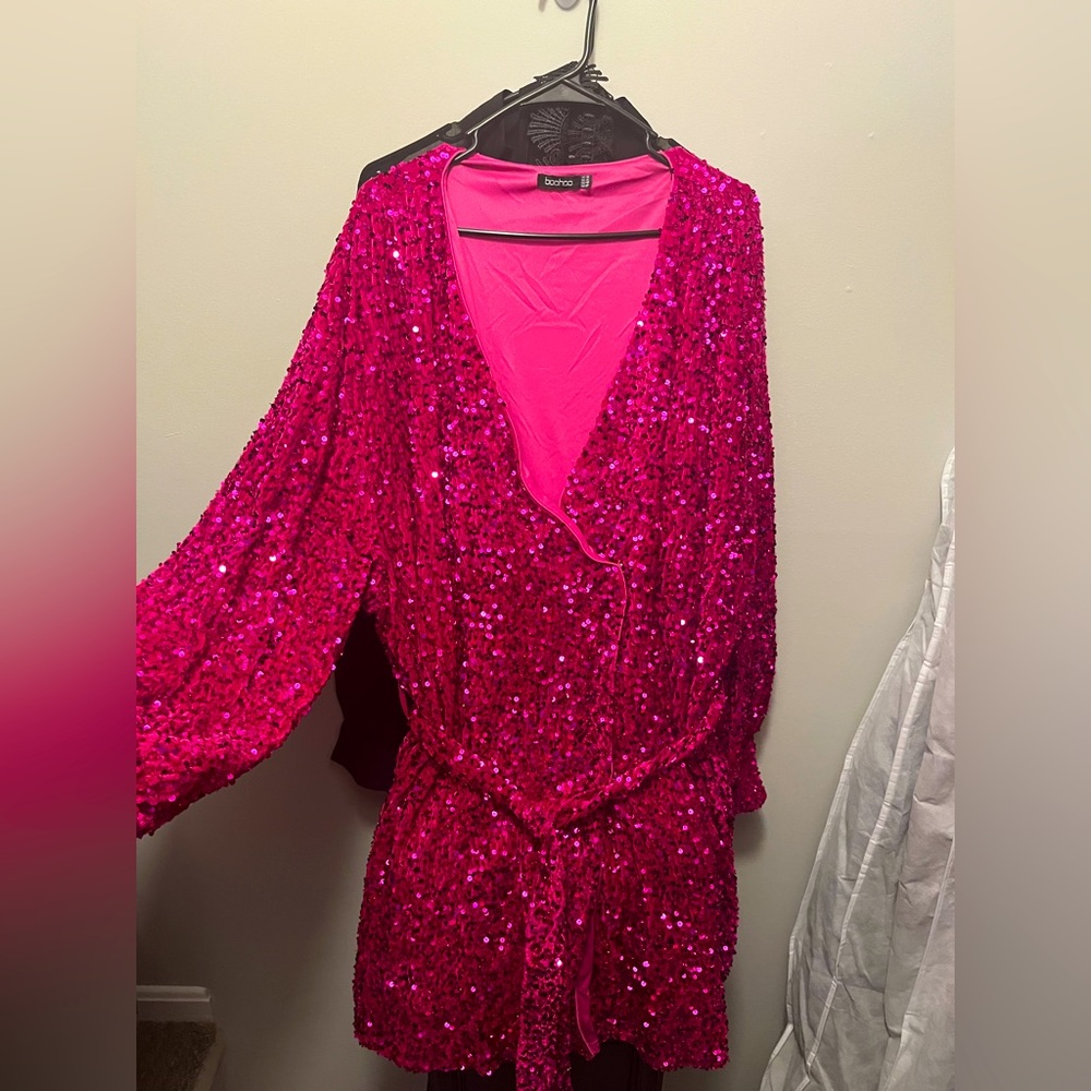 Boohoo women’s pink velvet and sequin skater dress.